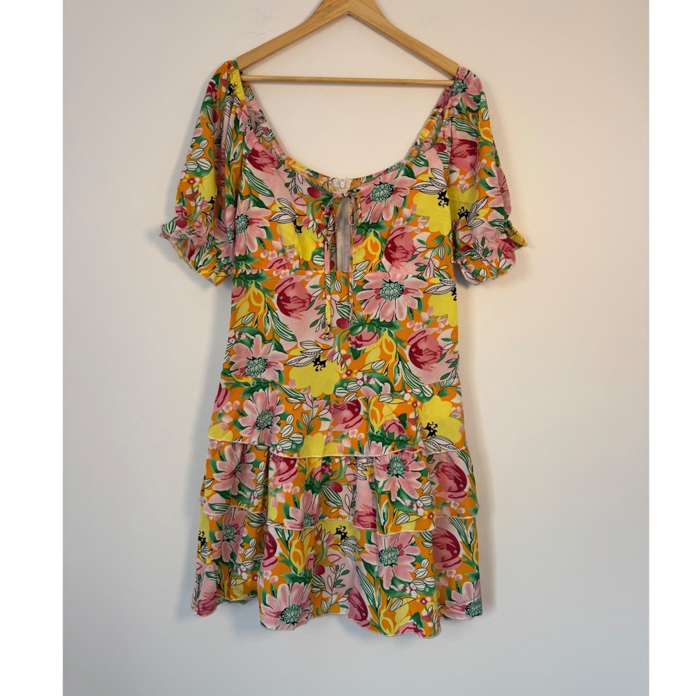 Boho Cottagecore Summer Women Large Mini Dress Yellow Pink Floral‎ Tiered Ruffle